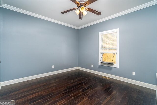 4801 Daniel Mill Rd, Winston, GA 30187 - empty room with ornamental molding, a ceiling fan, dark wood-style flooring, and baseboards