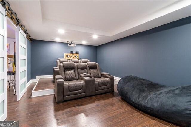 4801 Daniel Mill Rd, Winston, GA 30187 - cinema featuring wood finished floors, a barn door, recessed lighting, and baseboards