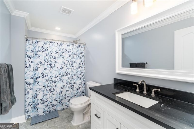 4801 Daniel Mill Rd, Winston, GA 30187 - full bath featuring toilet, curtained shower, vanity, visible vents, and crown molding