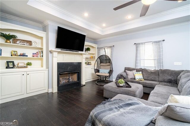4801 Daniel Mill Rd, Winston, GA 30187 - living room featuring crown molding, a ceiling fan, dark wood-style flooring, and a fireplace