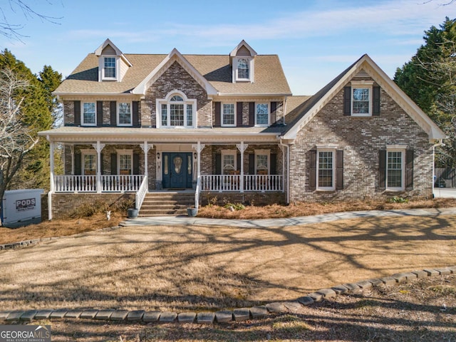 colonial home featuring a porch and a front lawn