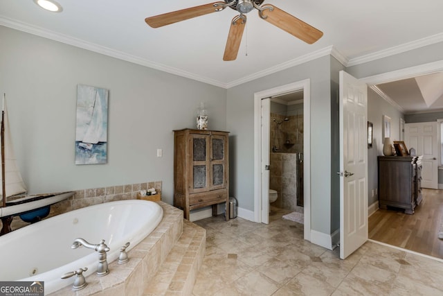 bathroom with ornamental molding, shower with separate bathtub, and toilet