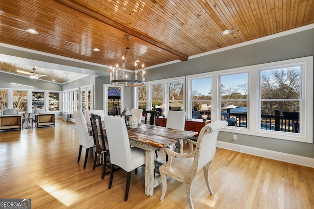 dining area with crown molding, ceiling fan with notable chandelier, light wood-type flooring, and wooden ceiling