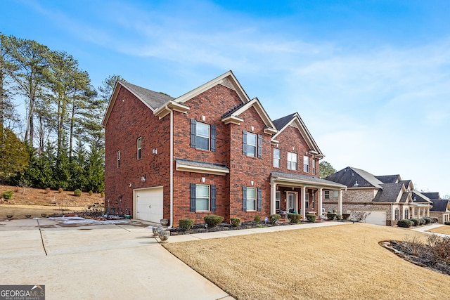 craftsman house with a garage, covered porch, and a front lawn