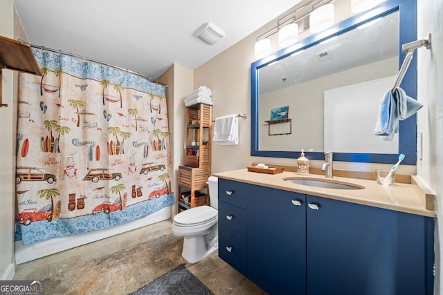 bathroom featuring vanity, toilet, and concrete floors