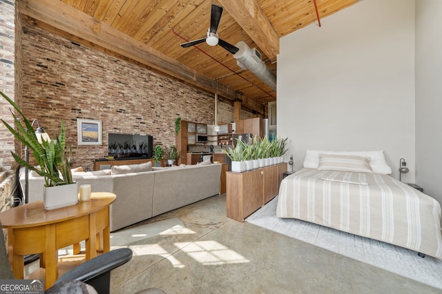 bedroom with a towering ceiling, brick wall, beam ceiling, and wooden ceiling