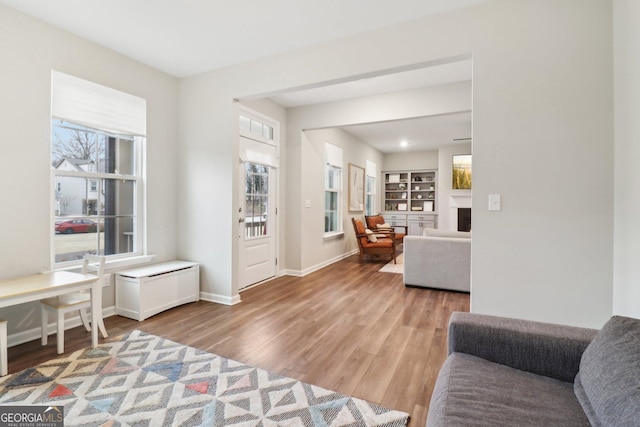 living room with light hardwood / wood-style floors and built in features