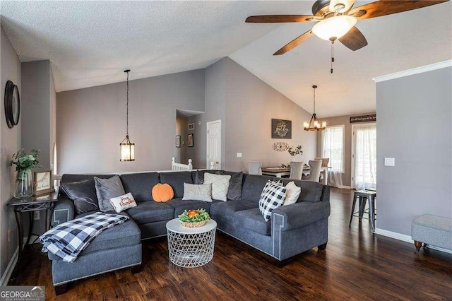 living room featuring ceiling fan with notable chandelier, high vaulted ceiling, dark hardwood / wood-style floors, and a textured ceiling