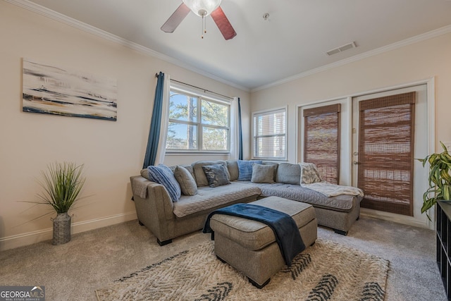 carpeted living area featuring baseboards, visible vents, a ceiling fan, and ornamental molding