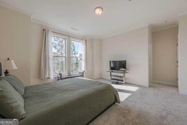 bedroom featuring light carpet, crown molding, visible vents, and baseboards