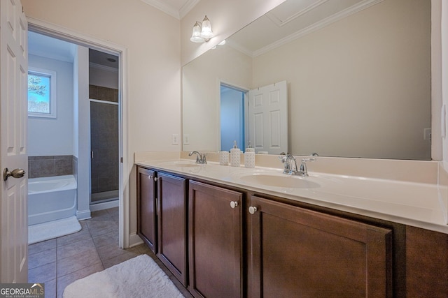 bathroom featuring tile patterned flooring, a garden tub, a sink, double vanity, and crown molding