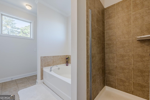 full bath with baseboards, ornamental molding, a garden tub, tile patterned flooring, and a tile shower