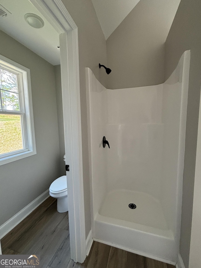 29 Iron Bound Trl, Dallas, GA 30132 - bathroom with wood finished floors, a shower, and lofted ceiling