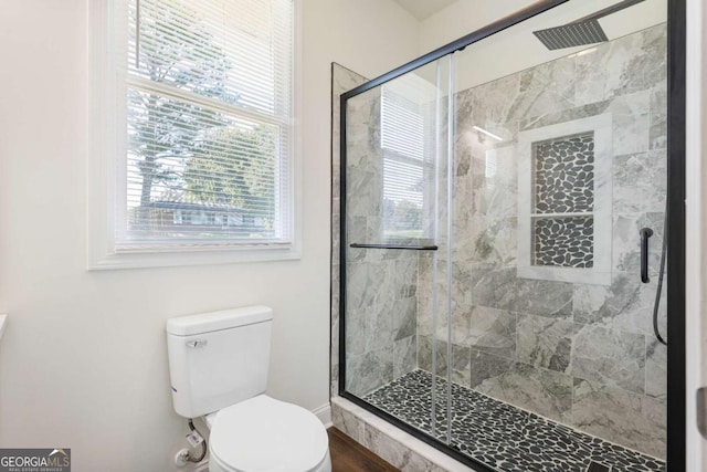 bathroom featuring toilet and a shower with door