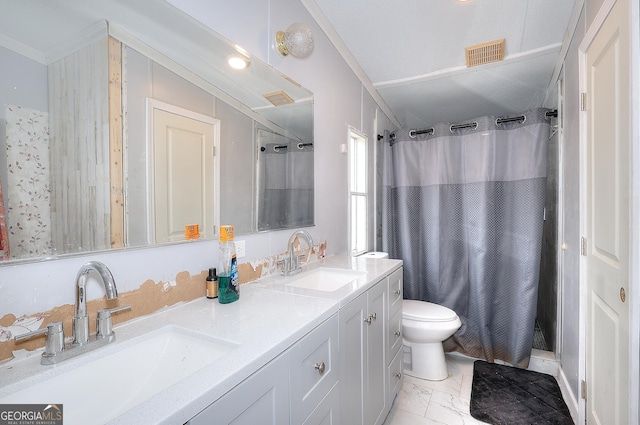 bathroom featuring a shower with curtain, vanity, and toilet