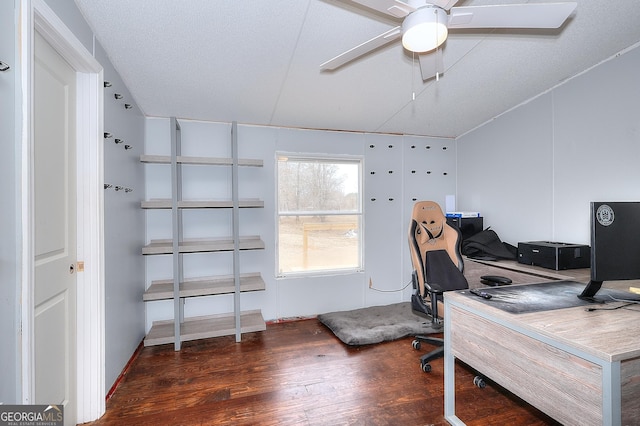 office space with ceiling fan, dark hardwood / wood-style flooring, and a textured ceiling