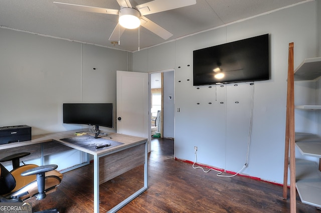 office area with dark hardwood / wood-style floors and ceiling fan