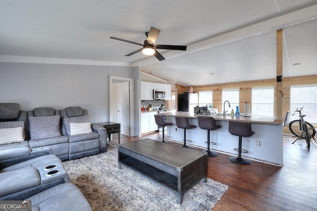 living room featuring lofted ceiling with beams, plenty of natural light, dark hardwood / wood-style floors, and sink