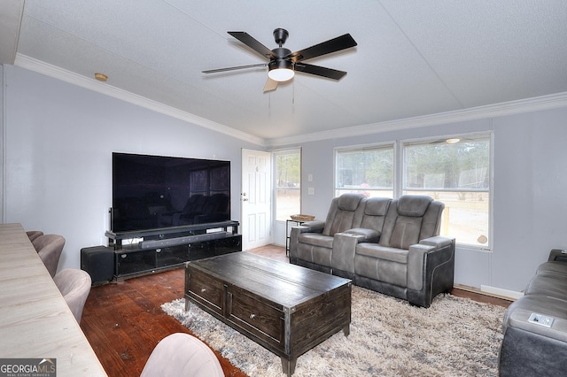 living room featuring hardwood / wood-style flooring, ceiling fan, and ornamental molding