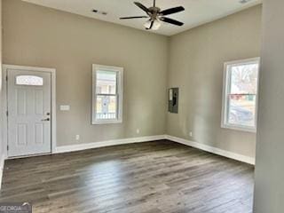 entryway with ceiling fan, hardwood / wood-style floors, and a wealth of natural light