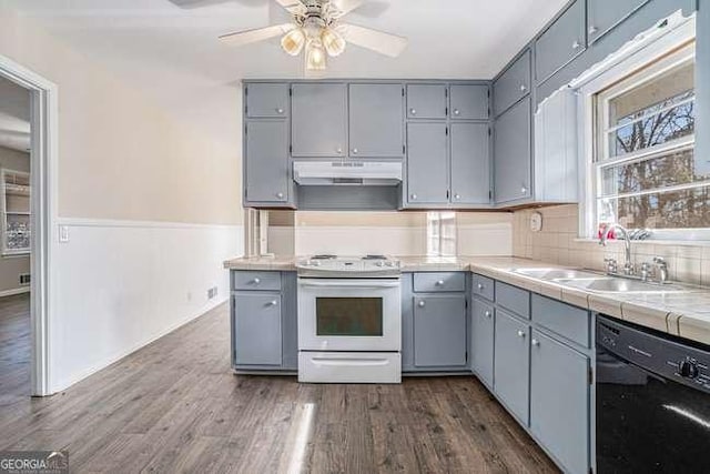 kitchen with tile countertops, dishwasher, sink, dark hardwood / wood-style flooring, and white range