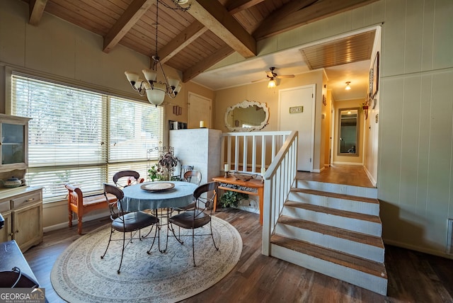 dining space with lofted ceiling with beams, dark wood-type flooring, ceiling fan with notable chandelier, and wood ceiling