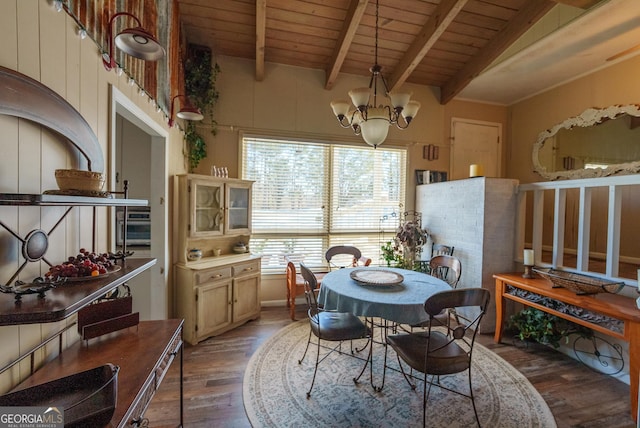 dining room featuring an inviting chandelier, wooden ceiling, dark hardwood / wood-style floors, and beamed ceiling