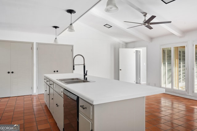 kitchen featuring sink, lofted ceiling with beams, a center island with sink, dishwasher, and pendant lighting