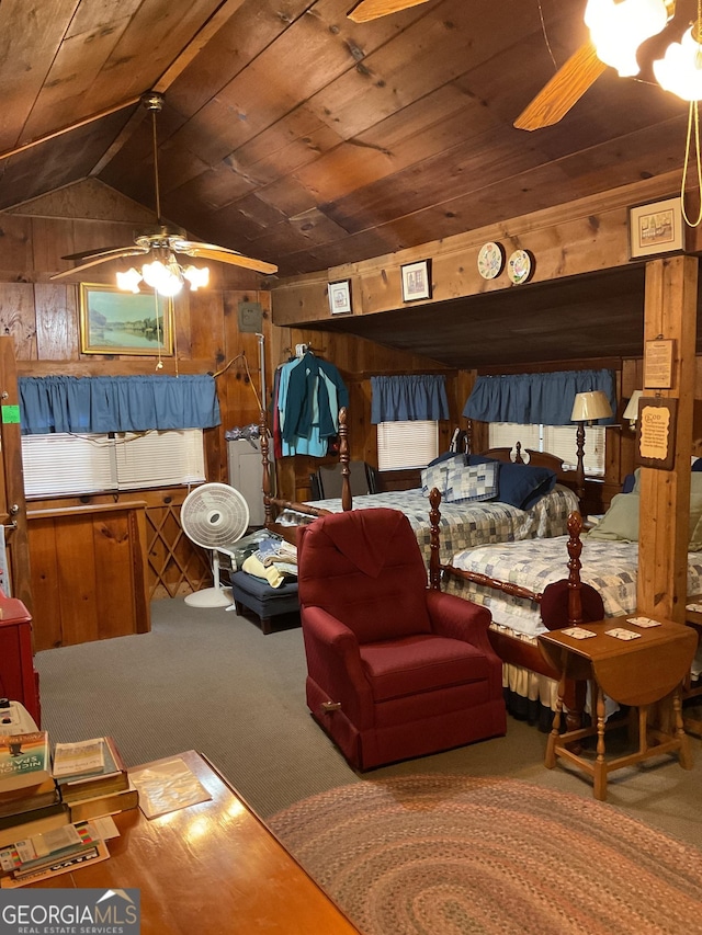 carpeted bedroom with wood ceiling, vaulted ceiling, and wood walls