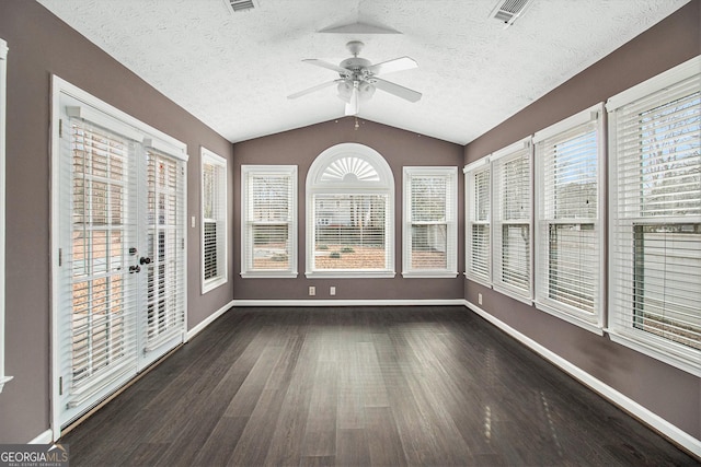 unfurnished sunroom with lofted ceiling and ceiling fan