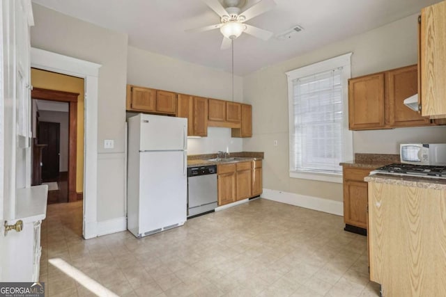 kitchen featuring ceiling fan, white appliances, and sink