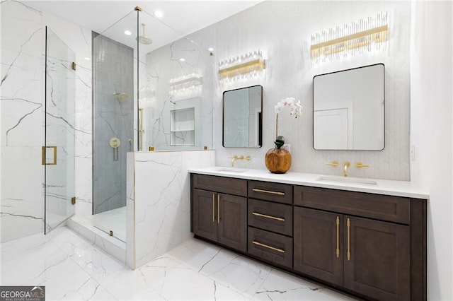 bathroom featuring vanity and a shower with shower door