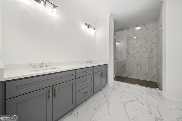 bathroom with vanity and a shower with shower door