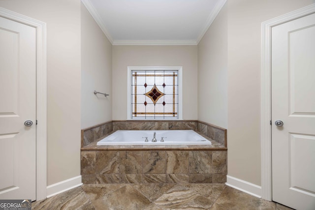 bathroom with crown molding and tiled bath