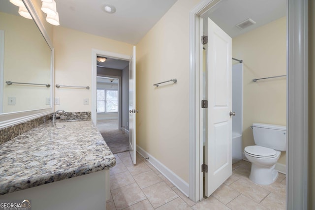 bathroom with tile patterned flooring, vanity, and toilet