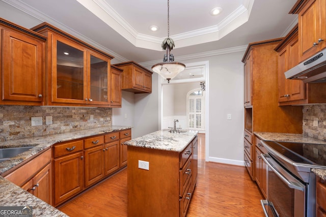 kitchen with hanging light fixtures, light stone counters, extractor fan, an island with sink, and a raised ceiling