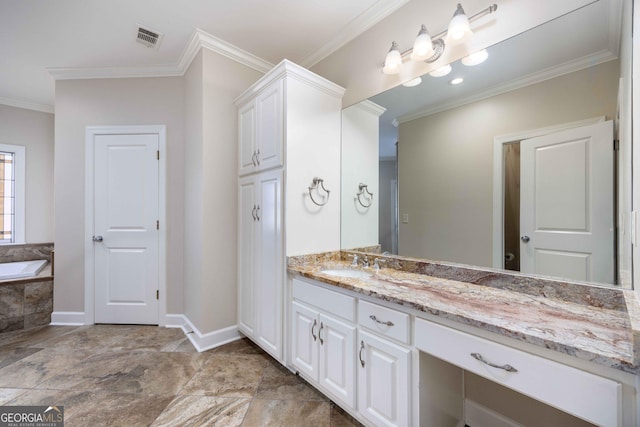 bathroom with ornamental molding, a relaxing tiled tub, and vanity