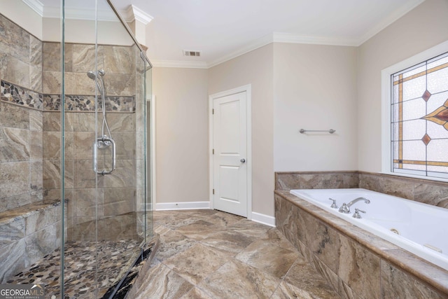 bathroom with independent shower and bath and ornamental molding