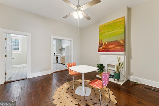 living area featuring ceiling fan and wood-type flooring