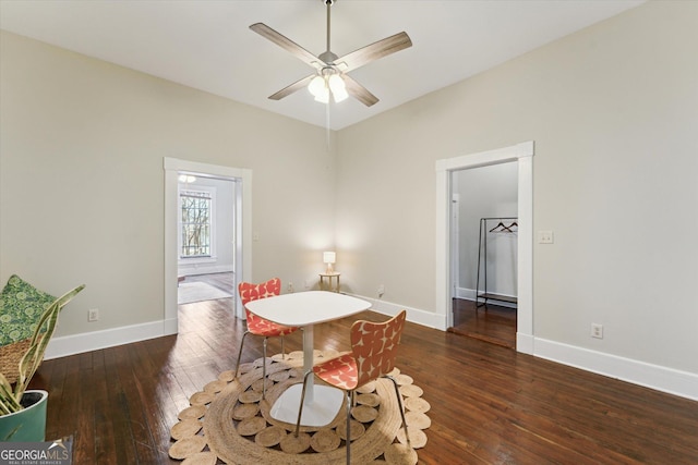 dining room with ceiling fan and dark hardwood / wood-style flooring