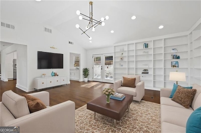 living room featuring high vaulted ceiling, wood-type flooring, built in features, and french doors