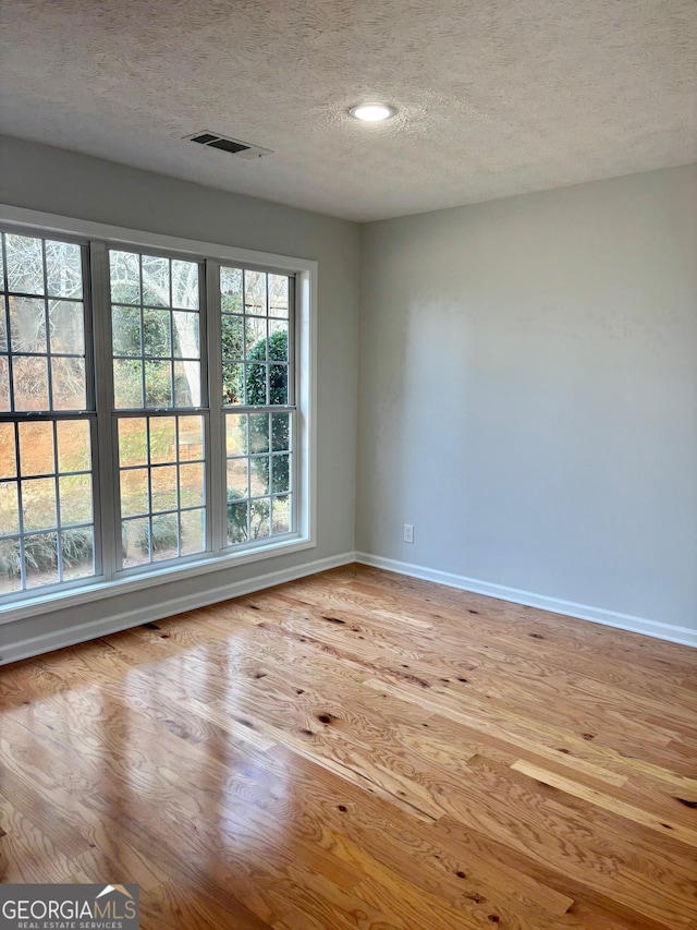 empty room with a textured ceiling and light hardwood / wood-style floors