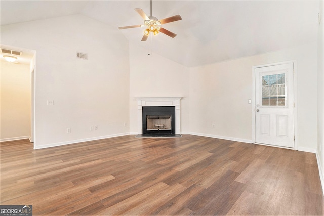 unfurnished living room featuring hardwood / wood-style flooring, high vaulted ceiling, and ceiling fan