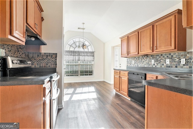 kitchen with pendant lighting, stainless steel range with electric stovetop, dark hardwood / wood-style floors, black dishwasher, and vaulted ceiling