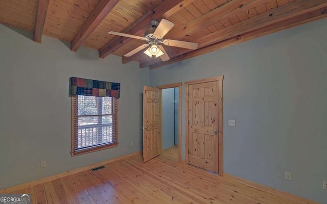 unfurnished bedroom with ceiling fan, beam ceiling, light hardwood / wood-style flooring, and wooden ceiling