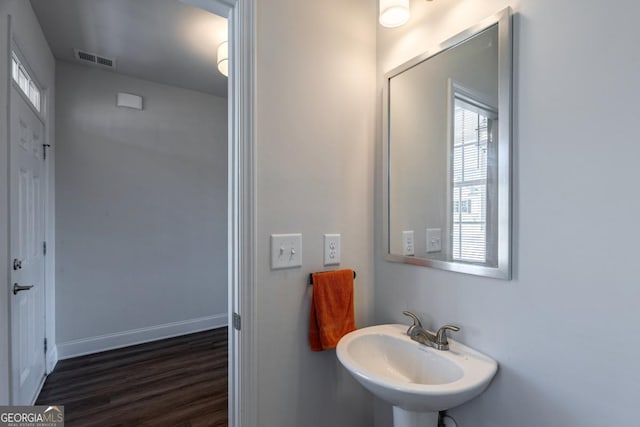 bathroom with wood-type flooring and sink