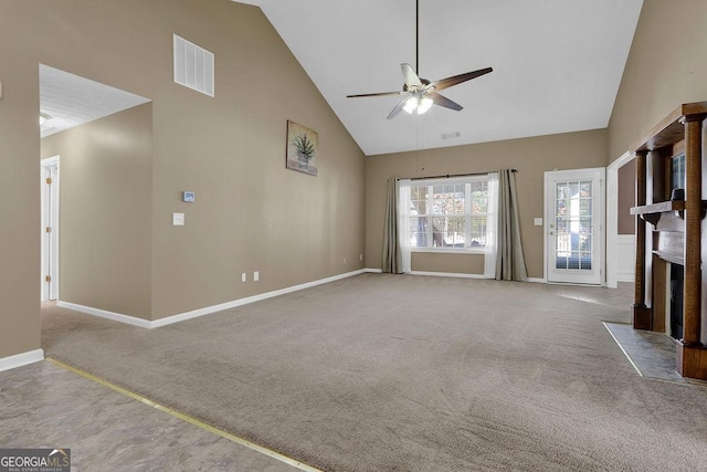 unfurnished living room featuring ceiling fan, carpet flooring, and high vaulted ceiling