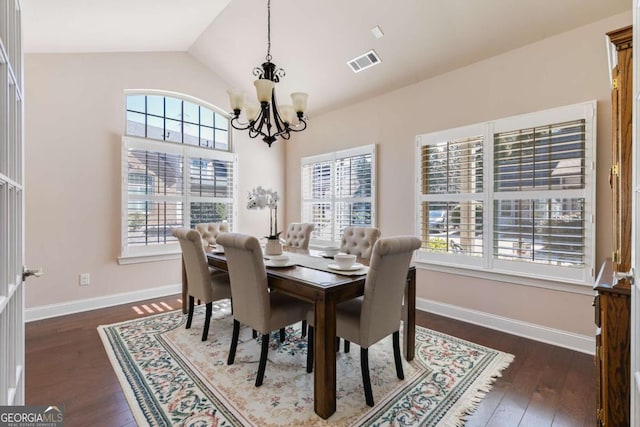 dining room featuring lofted ceiling, dark hardwood / wood-style flooring, and a wealth of natural light