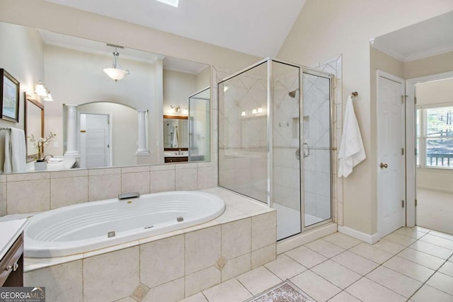 bathroom with vanity, crown molding, decorative columns, and plus walk in shower