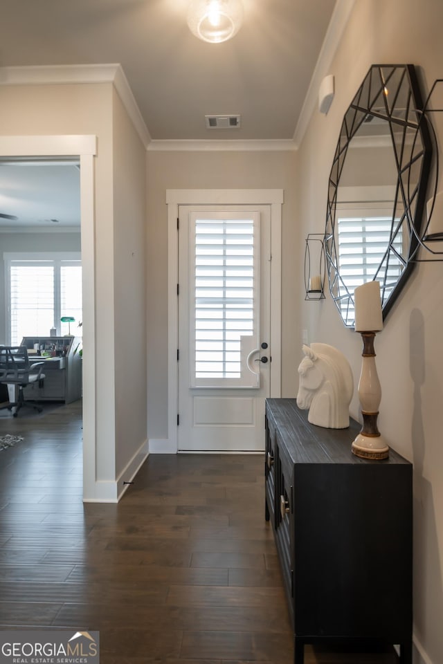 doorway with crown molding, a wealth of natural light, and dark hardwood / wood-style floors